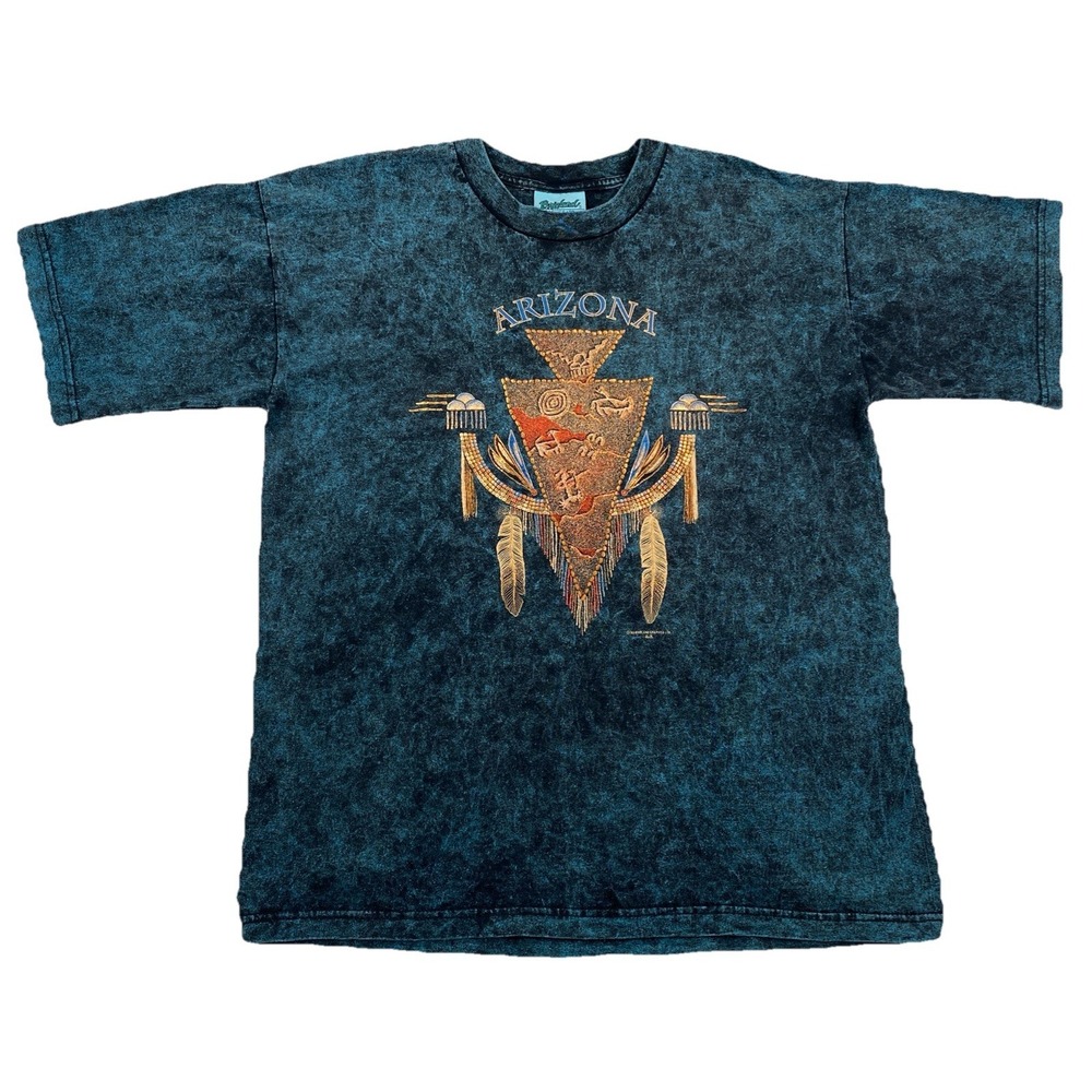 Vintage Arizona Native American Petroglyph T-Shirt Black Teal USA Size Large